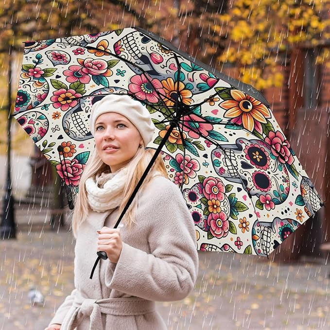 ALAZA Folding Umbrella Sugar Skulls Day Of The Dead Compact Travel Umbrella Automatic Open Close, Inverted Umbrellas for Rain Windproof Sun Umbrellas UV Protection Large Portable Reverse