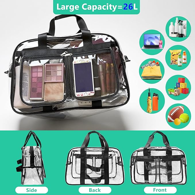 Large Clear Tote Bag 20” for Duffle, Clear Carry On Beach Bag for Travel Work, Big Transparent See Through Plastic Bags for Gym Toiletry Makeup Organizer