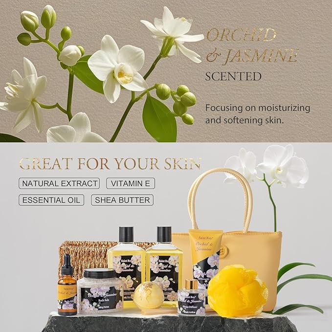 15Pcs Spa Kit Gifts for Women - skincare Bath and Body Spa Gift Basket for Women with Purse Handbag | Relaxing Care Kit Orchid Jasmine Mothers Day Gifts for Mom Gift Baskets for Anniversary