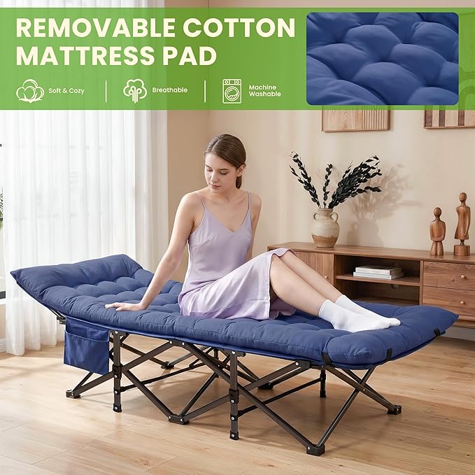 Camping Cot, Folding Camp Cot for Adults, Portable Outdoor Cot with Carry Bag & Mattress, Fast Setup, Lightweight Compact Bed for Travel, Home Office Nap (Blue)
