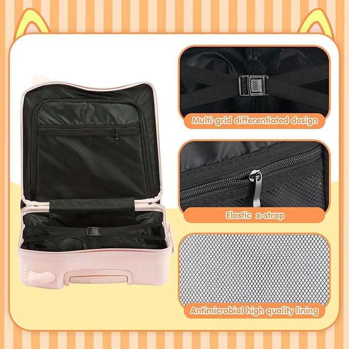 smilesun 20" Ride-On Travel Suitcase for Kids, Cute Ear Toddler Carry on Luggage with Spinner Wheels & Anti-Lose Rope, Children Rolling Trolly Luggage with Password Lock (Pink with Rope)