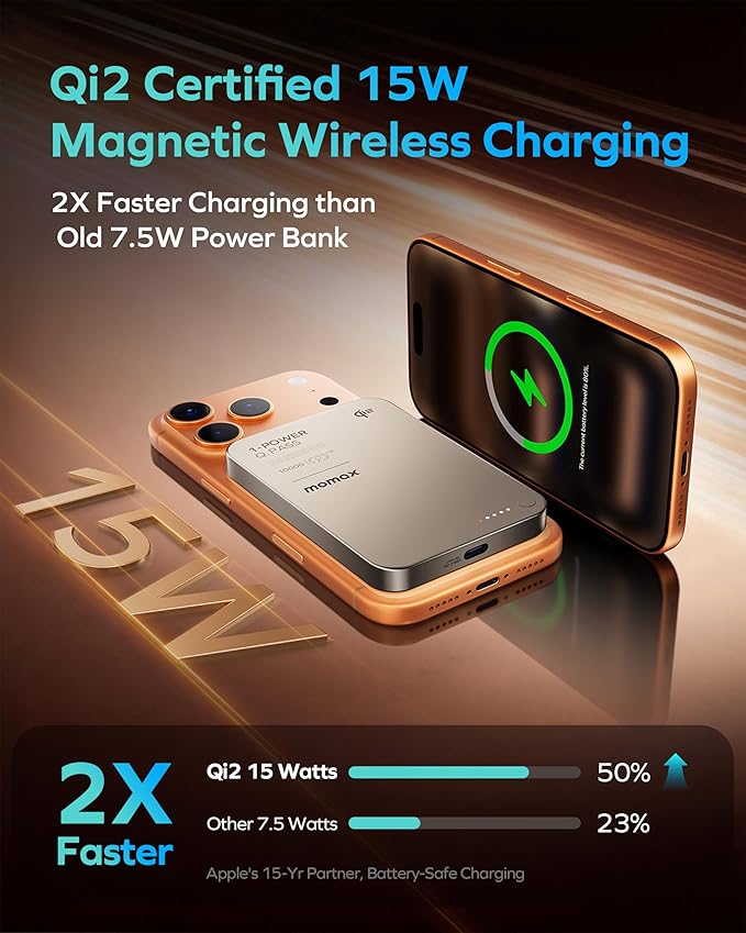 MOMAX (2026 NEW) Magnetic Portable Charger 10000mAh Qi2 Certified 15W Fast Charging Power Bank iPhone Air MagSafe Battery Pack Designed for iPhone 17 Pro Max/17 Pro/Air/16/15/14/13/12