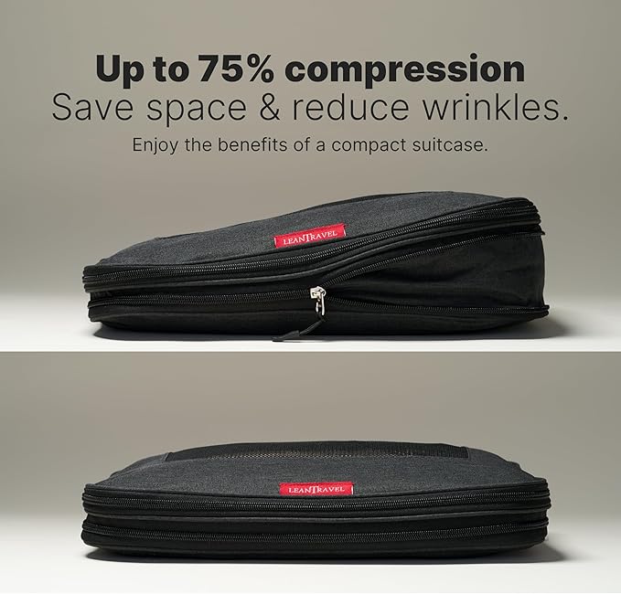 LeanTravel Premium Compression Packing Cubes for Travel - Suitcase Organizer Bags with Double Zipper & Breathable Mesh Panel - Space Saving Carry On Luggage Essentials (3-Pack, Black)