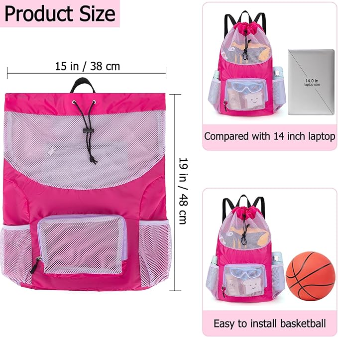 Swim Bag for Kids Mesh Beach Backpack for Girls Lightweight Drawstring Beach Bag Swimming Pool Sports Gym String Bag (Purple)