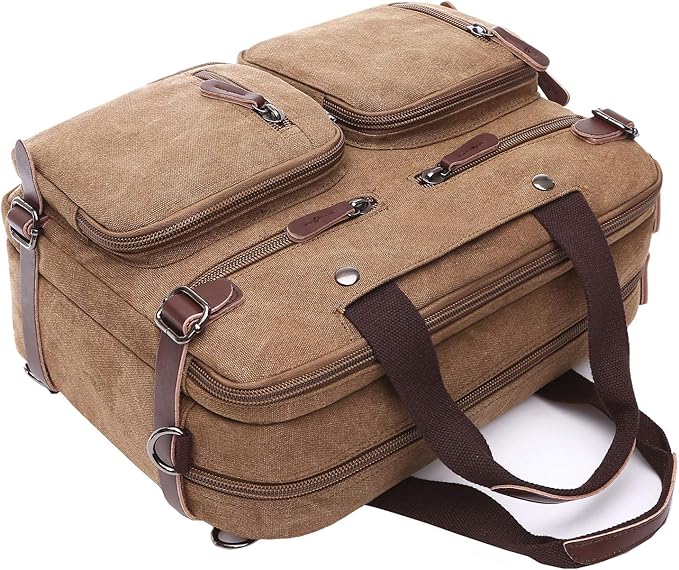 CROCOD 3 In 1 Canvas Convertible Laptop Bag for Men Women, 17.3 inch Laptop Messenger Bag Work Briefcase, Computer Shoulder Bag for Travel Business Office (17.3 Inch, Coffee) | 3 In 1, Multi-pocket