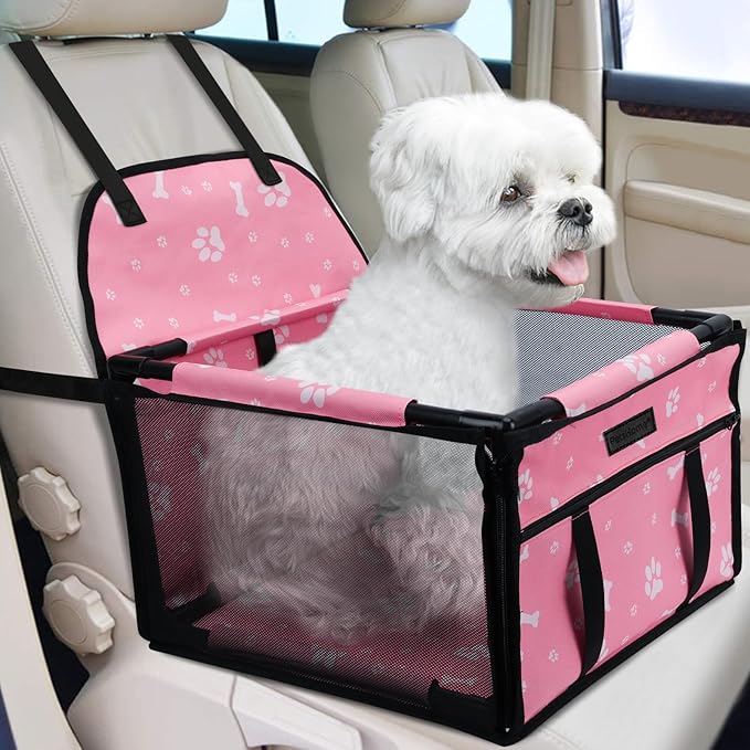 Dog Car Seat Foldable Dog Car Booster Seat Waterproof Breathable Oxford Travel Bag for Small to Medium Dogs, Puppies, and Pets-Pattern Pink-Upgrade