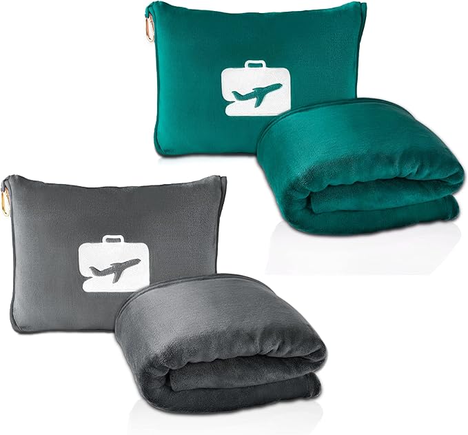 EverSnug Travel Blanket and Pillow Value Bundle - 2 in 1 Airplane Blanket with Soft Bag Pillowcase, Hand Luggage Sleeve and Backpack Clip | Color Includes Teal & Grey