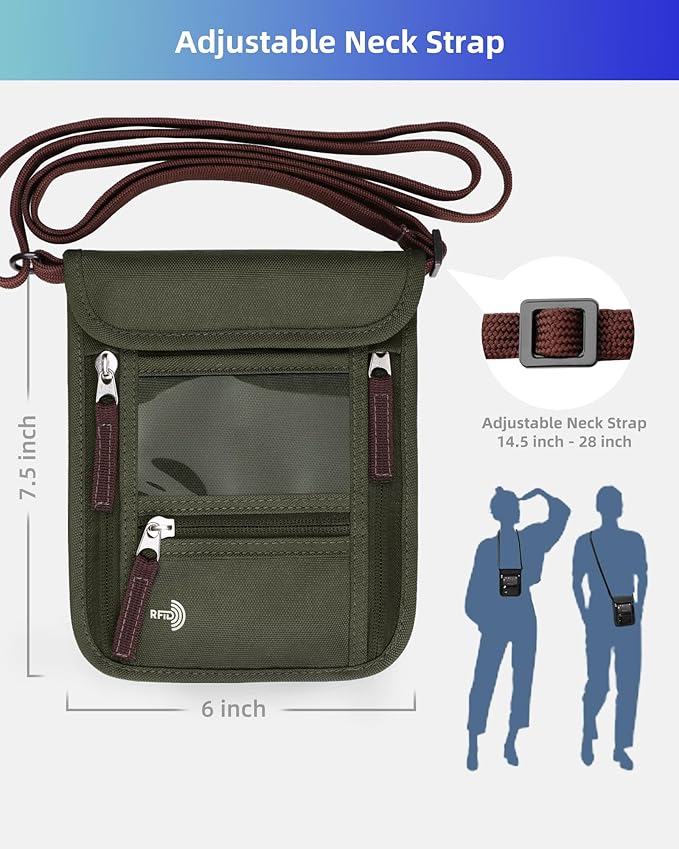 WALNEW Passport Holder Neck Pouch Travel Wallet for Women and Men, RFID Blocking Security Slim Traveling Wallet with Around Neck Lanyard Strap, Army Green