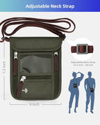 WALNEW Passport Holder Neck Pouch Travel Wallet for Women and Men, RFID Blocking Security Slim Traveling Wallet with Around Neck Lanyard Strap, Army Green