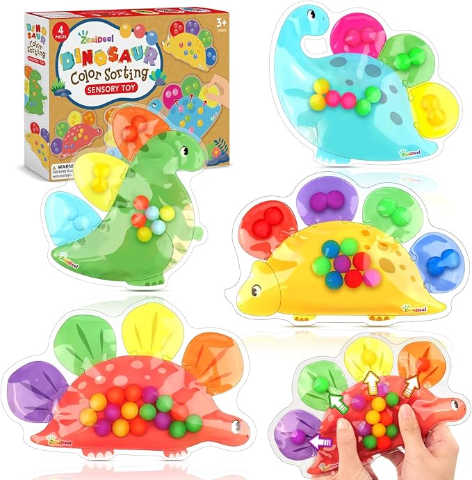 Dinosaur Color Sorting Sensory Toy - Roadtrip Travel Essenstial for Toddler, Fine Motor Games Boys Toys, Dementia Autistic Gift Quiet Fidget for Classroom Preschool Learning Activities for Kid Toddler