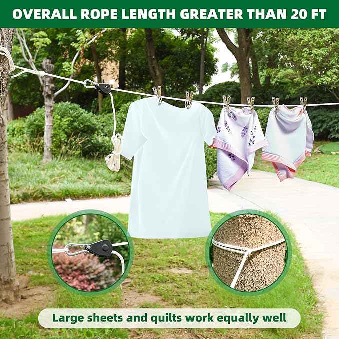 Retractable Travel Clothesline, Heavy Duty Clothes Line Rope with Adjustable Pulley and Carabiner Rope for Outdoor Camping Indoor Home Travel Clothes Drying 16.5FT