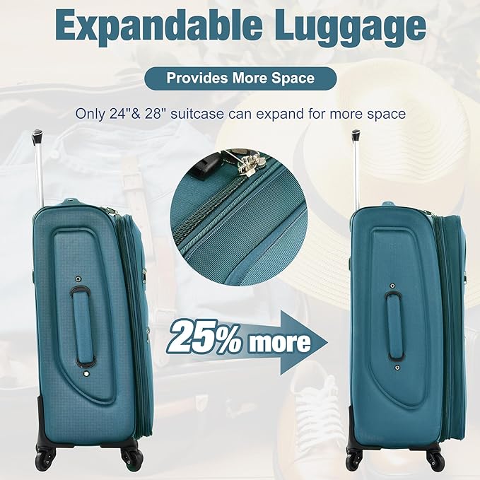 Lightweight Expandable Softside Luggage Sets 3 Piece, Large Capacity Travel Suitcase with Spinner Wheel, TSA Lock, Easy Access Design and Adjustable Telescoping Handle (Green)