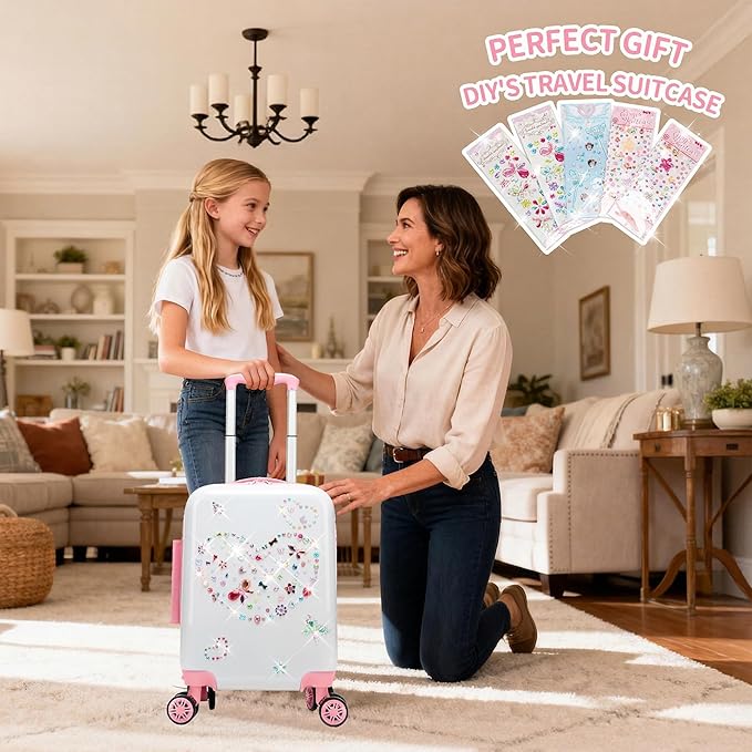 Kids Luggage Sets 2 Piece Pink Rolling Suitcases for Girls with Wheel Shardshell 16" Travel Suitcase with 10 Sheets Gem Stickers