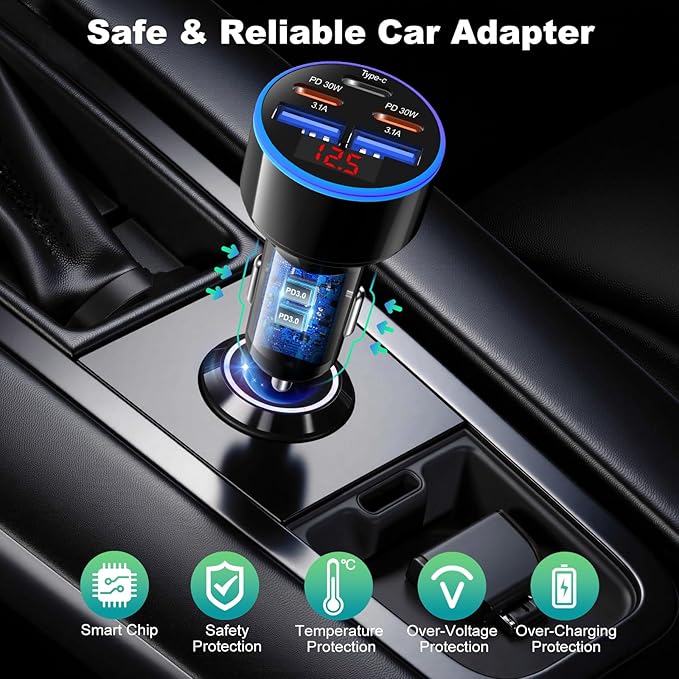 5-Pack USB C Car Charger 90W, OKRAY 5-Port Super Fast Charging PD30W 12v Cigarette Lighter Adapter USB-C&USB-A Multiport Car Phone Charger with Volt Meter for iPhone 17 16 15 14, iPad, Galaxy S25 A16