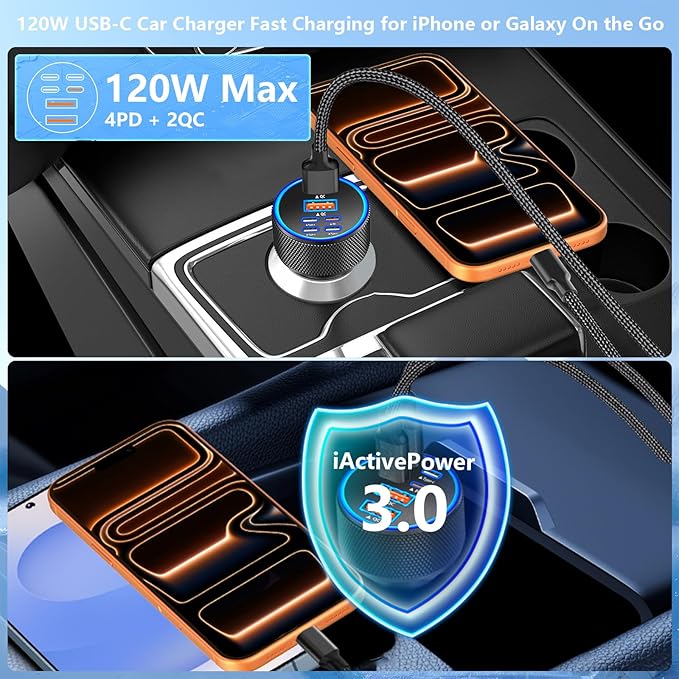 [Apple MFi Certified] iPhone 17 Car Charger, KYOHAYA 6-Port 120W USB-C&USB-A Power Cigarette Lighter Fast Charging PD/QC USB-C Car Charger + Type-C Braided Cord for iPhone 17/17 Pro/16/15/Galaxy/Pixel