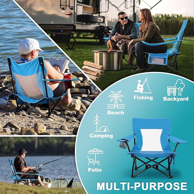 Joyfair Beach Camping Chair (2 Pack), Outdoor Folding Lawn Chair for Adults, Heavy Duty Portable Chair with Armrest for Outside Fishing, Sport, Patio, Cup Holder & Storage Pocket, Carry Bag (Blue)