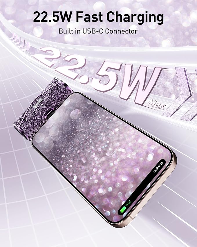 iWALK Upgraded Sparkly Portable Charger 22.5W, 5000mAh Power Bank for iPhone 17/16/15 Series, Mini Battery Pack with Built-in USB-C Connector Compatible with Samsung S25/24, iPad Pro/Air, AirPods