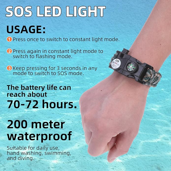 Survival Bracelets, Paracord Bracelets (2 pcs) with Loud Whistle Light Flint, Adjustable Compass Bracelet for Outdoor Camping Hiking Fishing Hunting, Multitools Tactical Gear, Bearable 300 lb