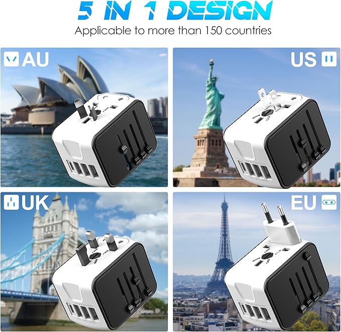 ISIX International Travel Adapter Universal Power Adapter Worldwide All in One 4 USB Perfect for European US, EU, UK, AUS,Asia 200+ Countries