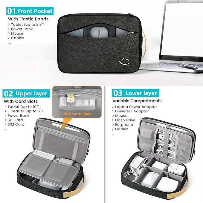 Travelkin Large Cord Organizer Travel, Electronic Organizer Travel Case, Expandable Cable Organizer Bag For Cords, Chargers Phone, Usbs, Tablet (Up to 10"), SD Card (Black)