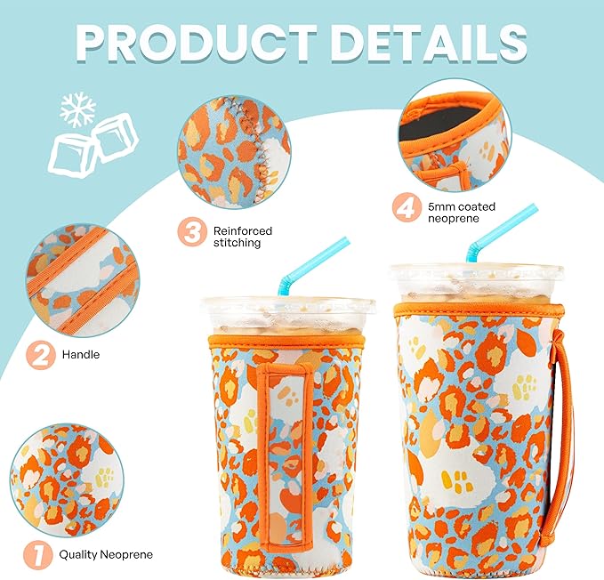KJQJLY 3 Pack Reusable Iced Coffee Sleeves for Iced Coffee Cups or Drinks Reusable Neoprene Insulated Sleeves for Hot and Cold Drinks from Starbucks, Dunkin, And More (Summer Abstract Flower)