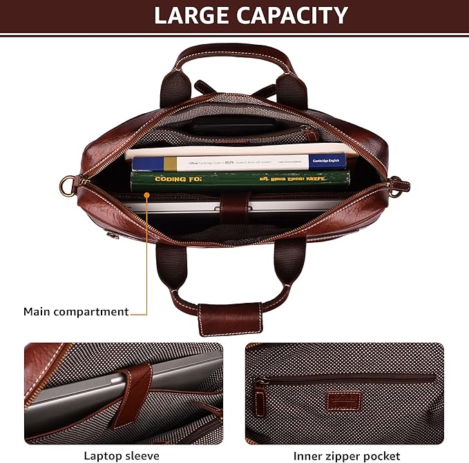 LEATHER VILLAGE 18" Leather Laptop Messenger Briefcase Bag for Men-Leather Satchel for Travel and Office Shoulder Bag-Red Brown