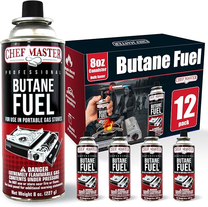 Chef Master 12x 8oz Butane Fuel Canister - Butane Canister for Kitchen Torch & Camp Stove - Gas for Picnics, Outdoor Cooking, Grilling - Camping Fuel Canister, Torch Fuel Camping Essentials - 90340