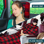 PAVILIA Travel Blanket Pillow, Airplane Blanket Set in Soft Bag with Pockets, Plane Blanket Compact Packable, Flight Essentials Car Pillow, Travelers Accessories Gifts, Luggage Strap, Plaid Red