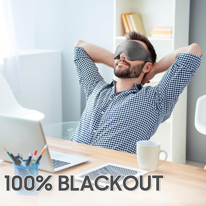 Sleep Mask - Total Blackout 3D Sleeping Mask, Super Lightweight & Silky Soft Eye Mask for Sleeping, Fully Adjustable Fit for Home, Office, Traveling, Meditation, Yoga, Gray, Mothers Day Gifts