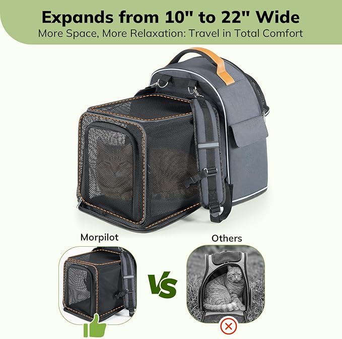 Morpilot Expandable Cat Carrier Backpack for Small Dogs & Cats Up to 20lbs, Breathable Mesh Pet Travel Backpack with Safety Leash, Foldable Airline Approved Carrier for Hiking Camping Outdoor, Grey