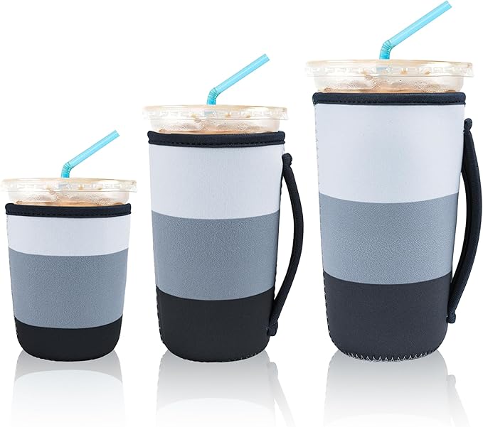 KJQJLY 3 Pack Reusable Iced Coffee Sleeves for Iced Coffee Cups or Drinks Reusable Neoprene Insulated Sleeves for Hot and Cold Drinks from Starbucks, Dunkin, And More (Navy Blue)