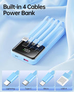 RONEGN Portable Charger with Built in Cable -20000mAh Fast Charging Power Bank USB C Slim 22.5W LED Display Battery Pack 5 Outputs & 3 Inputs for Travel Essentials iPhone Samsung Phones Sky Blue