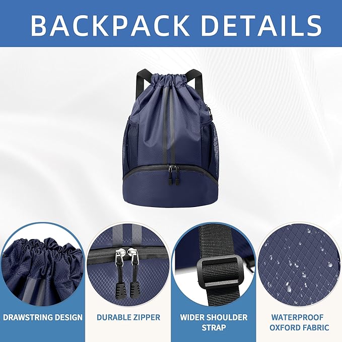 JELUTAR Drawstring Backpack Gym Bag with Shoes Compartment for Soccer, Basketball, Swim, Water-Resistant String Backpack Beach Cinch for Women Men, Navy Blue