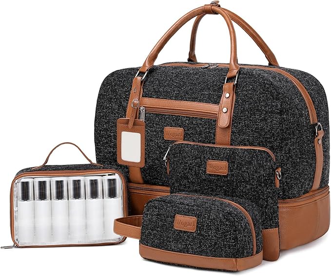 Wogarl 4PCS Weekender Bags for Women Large Overnight Weekend Travel Duffel Carry on Shoulder with Shoe Compartment Canvas Toiletry Bag for Travel Business Gym
