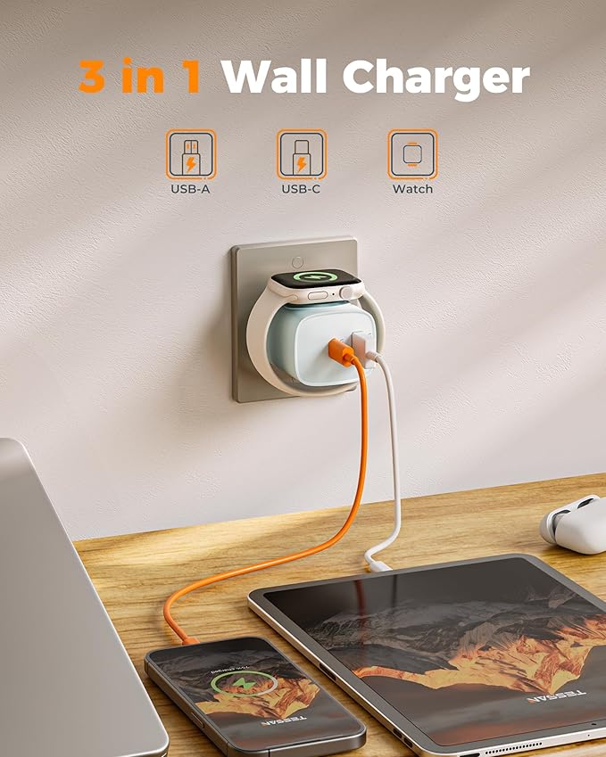 Charging Blocks for Apple Watch, 3-in-1 PD 20W USB C Charger Block with Built-in Wireless Watch Charging, Dual Ports Wall Charger Compatible with iPhone,iWatch,Blue