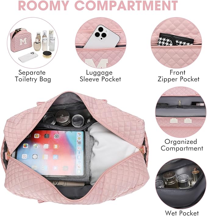 Initial Travel Duffle Bag for Women - Pink Personalized Weekender bags Overnight Bag with Shoe Compartment & Wet Pocket Weekend Tote Bags with Toiletry Bag Monogram Christmas Gifts (Letter M)