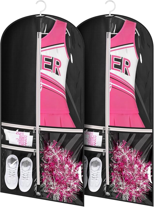 KIMBORA Costume Dance Garment Bag with 3 Clear Zipper Pockets for Suits Dress Cover, Travel Storage & Competitions, Set of 2 (Black)