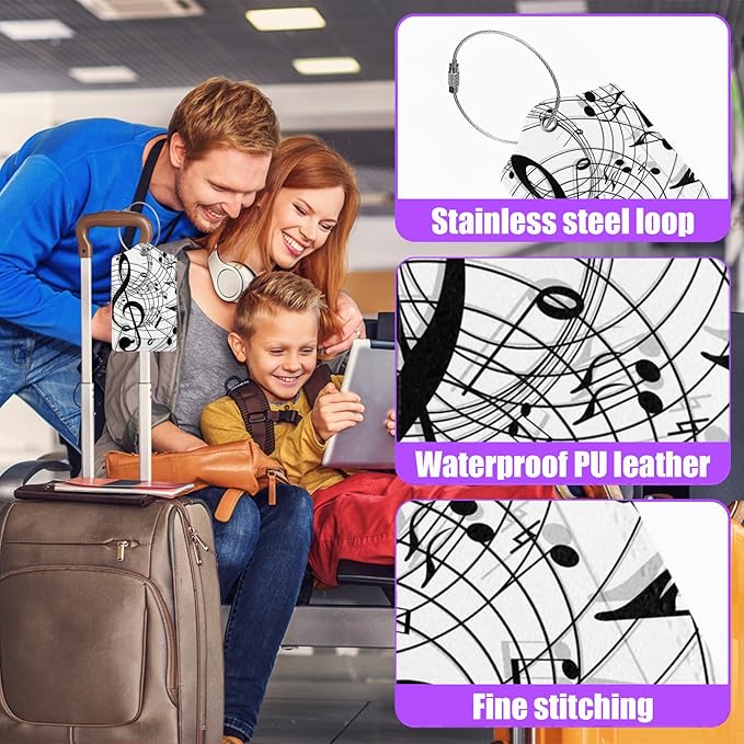 3 Pack Music Notes Staff Luggage Tags for Suitcase PU Leather Travel Luggage Tag Privacy Cover ID Label for Women Men Baggage Backpack Handbag School Bag