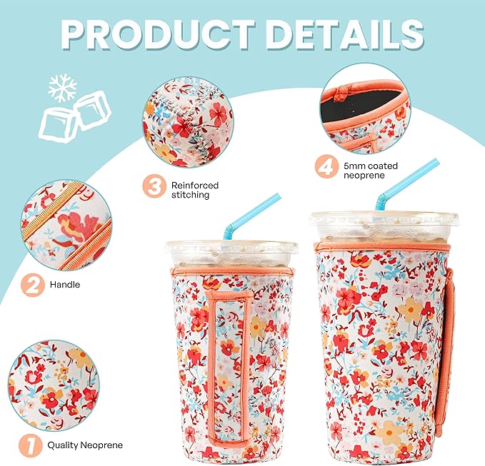 KJQJLY 3 Pack Reusable Iced Coffee Sleeves for Iced Coffee Cups or Drinks Reusable Neoprene Insulated Sleeves for Hot and Cold Drinks from Starbucks, Dunkin, And More (Light orange floral)