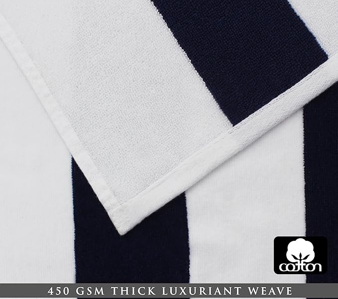 COTTON CRAFT Oversized Beach Towel - 2 Pack 35 x 70 inches XL Beach Towel - 100% Cotton Velour - Big & Huge - Thick Plush 450 GSM Super Soft Luxury Towel - Pool Picnic Bath - Cabana Stripe Navy