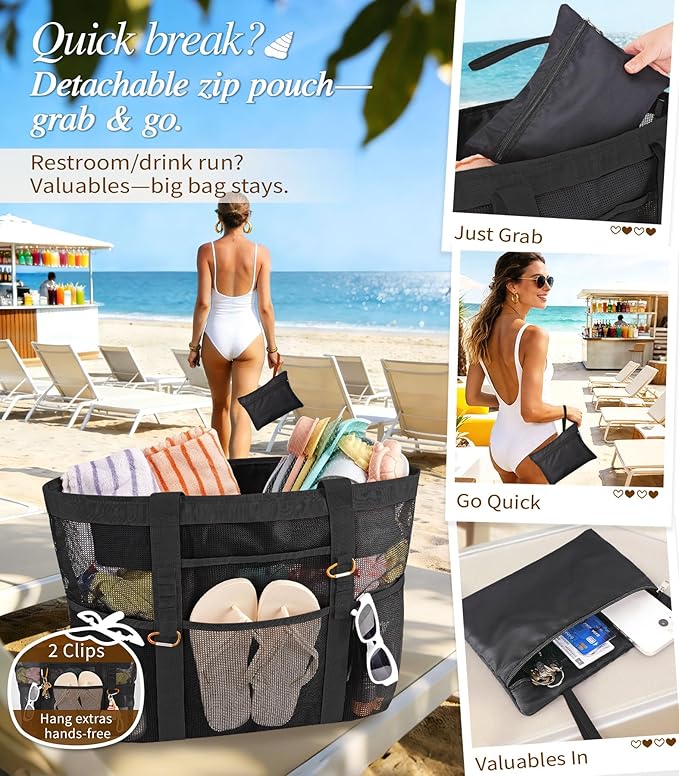 2026 Stylish & Spacious XX-Large Beach Bag for Women – Mesh × Canvas Tote with Top Zipper, 11 Tall Pockets | 40L+ Spacious, 11 Tall Pockets, Zipper Pouch, Secure Zip-Top, Sand-Resistant Base