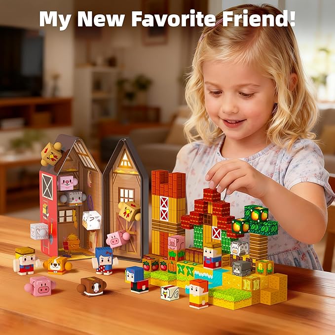 GobiDex Magnetic Farm Figures Set with Animals & People, Portable Tin Box for Role Play & STEM Education, Travel Toy Compatible with Magnet Building Blocks for Kids 3+