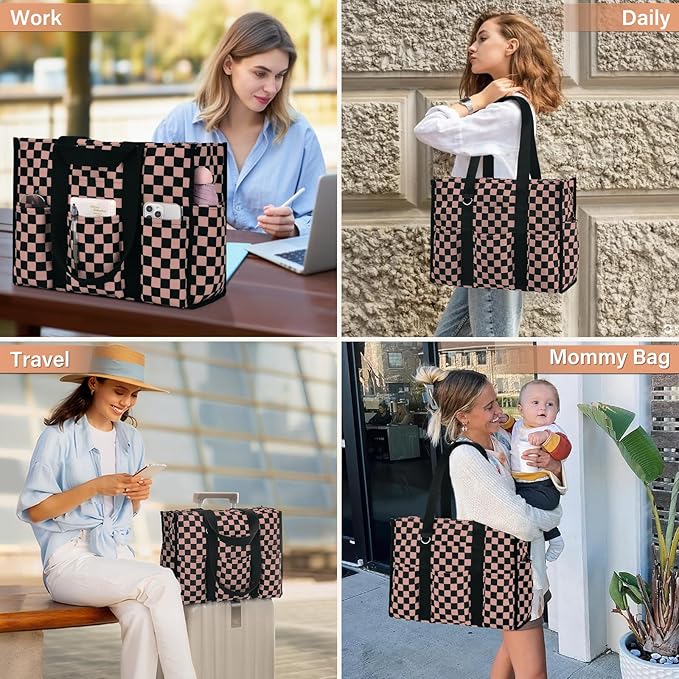 Becokan Large Tote Bag for Women Waterproof with 12 Pockets Top Zipper Closure Utility Teacher Nurse Bags for Work School