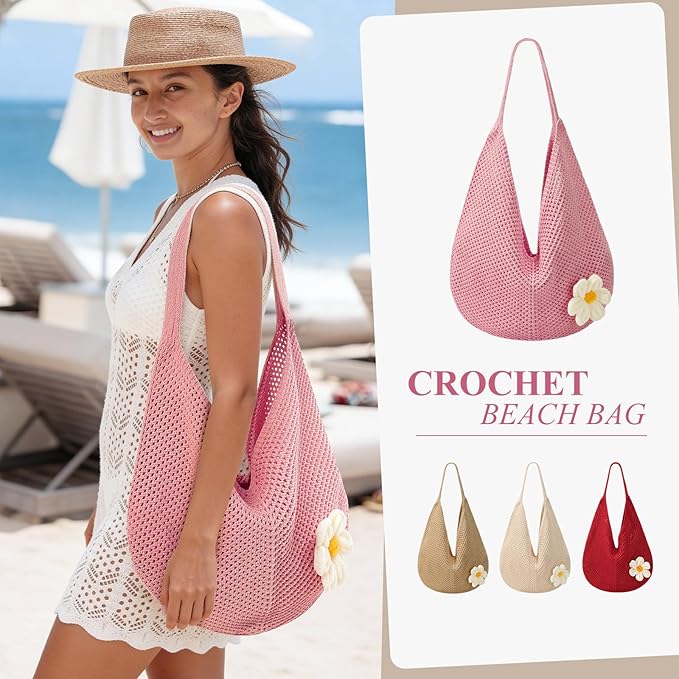 Premillow Crochet Beach Bags for Women, Summer Beach Tote Bag, Mesh Cute Beach Purse, Aesthetic Knit Bag Handbag Shoulder Bag
