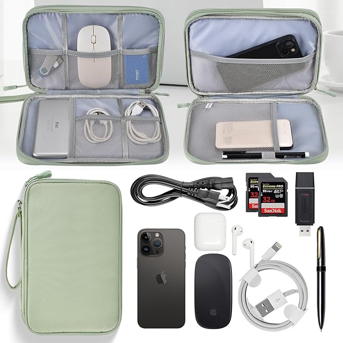 CAAORDKSO Large Electronics Travel Organizer Case, Cable Organizer Bag Water Resistant Double Layers Accessories Storage Bag Tech Pouch, for Cord, Charger, Power Bank, Earphone (Mint Green, X-Large)