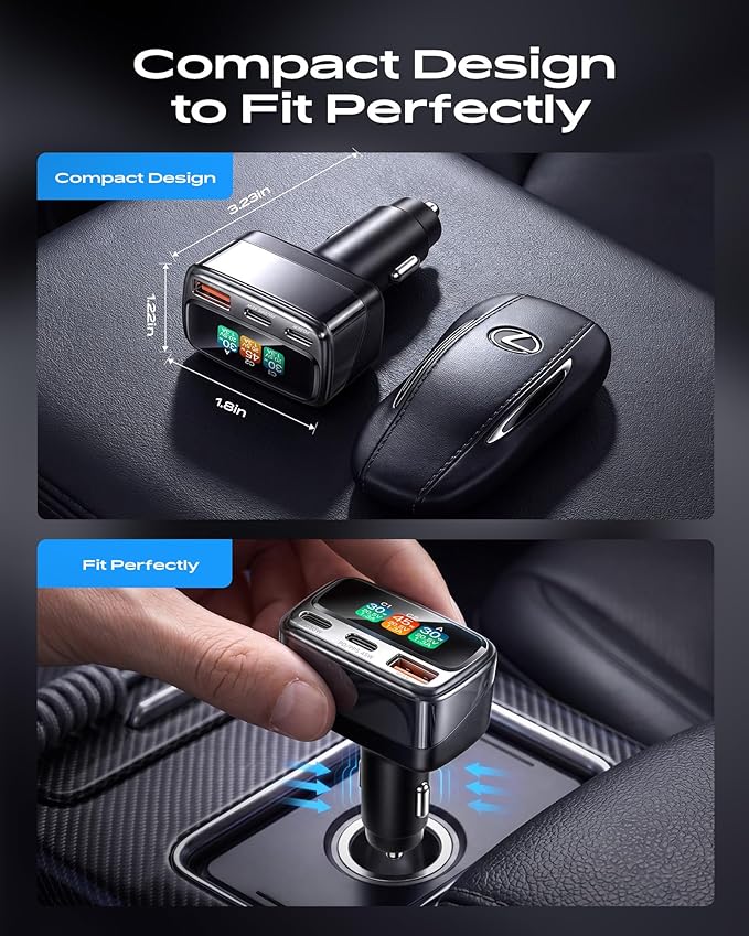 105W USB C Car Charger with Digital Color Display, 3-Port Fast Charging Cigarette Lighter Adapter for iPhone 17/16/15 Pro Max, Samsung S26, Travel Car Accessories Gifts for Men Women + 3FT USB-C Cable