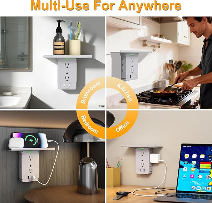 Socket Wall Shelf-CFMASTER 10 Port Surge Protector Wall Outlet, 8 Electrical Outlet Extenders and 2 USB Ports 2.4A, with Removable Built-In Shelf, FCC Listed (1, Gray)…