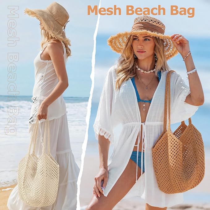 Tavaleu Crochet Tote Beach Bags for Women, Mesh Beach Tote Knit Bag, Summer Vacation Aesthetic Boho Hobo Shoulder Bag