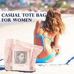 Fammart Mesh Beach Bag, Large Beach Tote with Zipper Pocket, Toys Pool Bag for Family Travel Vacation Cruise Essentials