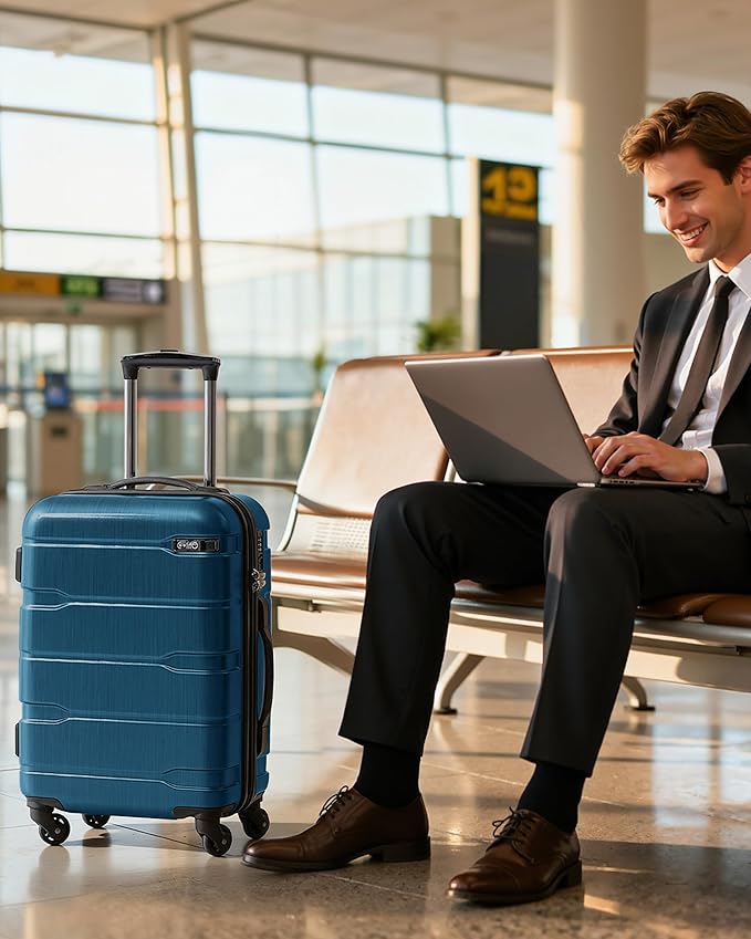 Coolife Carry On Luggage 22x14x9 Airline Approved Hardside PC+ABS Suitcase with TSA Lock, Lightweight Rolling Travel Luggage with Spinner Wheels(Caribbean Blue, 20in)